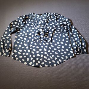 J. Crew Long Sleeve  Ruffle Front Blouse Navy Brush Stroke Print Size XXL